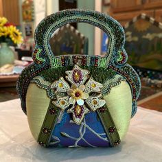 *Beaded Top Handle *Snap Closure *Black Velvet Interior Lining *Silk Outer With Beaded Accents And Floral Appliqu Beautiful Statement Piece! Never Been Used. Luxury Beaded Top Handle Bag, Luxury Chic Beaded Bags, Mary Frances Handbags Mary Frances Accessories, Vintage Beaded Purse, Yellow Purses