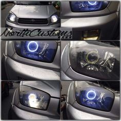 four pictures of the front lights of a silver car with blue halos on it