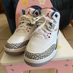 Air Jordan Shoes 7 Youth Size Like New Only Wore A Few Times White Fire Red And True Blue Color Smoke Free Home Jordan 3 Fire Red Denim, Cheap Jorden 3s Size 9/2, Bg Color, Jordan 3 Retro, Air Jordan 3 Retro, Air Jordan 3, Air Jordan Shoes, Kids Jordans, Jordan 3