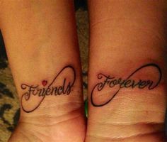 two wrist tattoos with the words friend and forever written in cursive writing on them