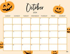 a october calendar with pumpkins and jack - o'- lanterns on the side