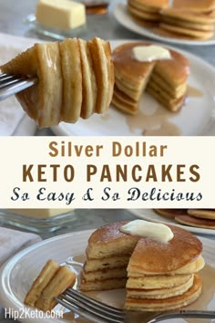 silver dollar keto pancakes on a plate with butter and syrup being drizzled over them