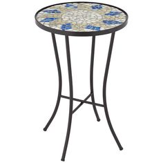 a small table with a mosaic design on the top and metal frame, in red white and blue colors