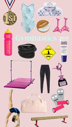 a pink poster with gymnastics and other sports related items