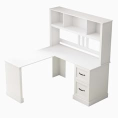 a white desk with two drawers and a bookcase