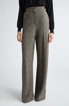 A perfect match of silhouette to material, these wide-leg pants achieve soft drape and yet are structured enough to feature pressed center creases in a cut from wool-blend jersey knit in a modified houndstooth check. Zip fly with hook-and-bar closure Front slant pockets 51% wool, 30% cotton, 19% viscose Dry clean Made in Romania Designer Clothing Timeless Wide Leg Workwear Pants, Wide Leg Wool Dress Pants For Fall, Fall Business Wide-leg Pants, Wide Leg Bottoms With Pressed Crease For Fall, Business Casual Wool Wide Leg Pants, Tailored Wool Wide Leg Pants, Business Casual Full Length Wool Wide Leg Pants, Tailored Wide Leg Fall Pants, Wool Wide Leg Pants For Business Casual