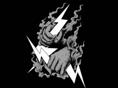 a black and white drawing of two hands holding lightning bolts