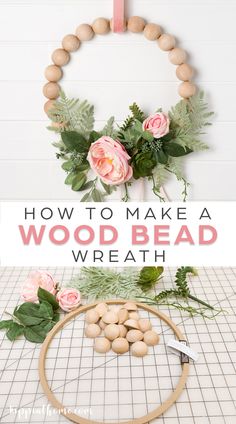 how to make a wood bead wreath with flowers and greenery on the hoop