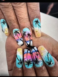 Sunset Nail Designs, Aloha Nails, Tropical Nail Art, Tropical Nail Designs, Disney Acrylic Nails, Palm Tree Nails, Sunset Nails, Nails Art Designs, Art Deco Nails