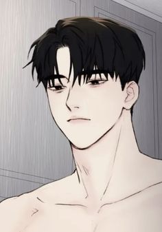 an anime man with black hair and no shirt