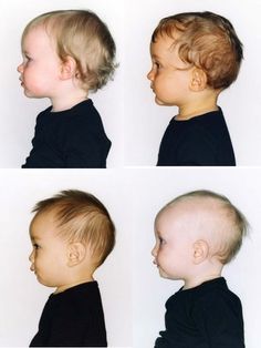 four pictures of a young child's head with different haircuts on them