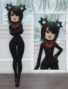 an animated girl with black hair and red bow tie standing in front of a mirror