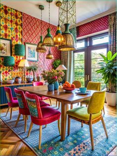 a dining room with colorful chairs and a table in front of a large window filled with potted plants