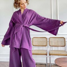 Unleash Your Inner Zen Goddess with This Stunning Kimono Pants Set Elevate your loungewear game with this chic kimono pants set, a harmonious blend of comfort and elegance. Designed for those who value effortless style, this set features a flowy kimono-style top with wide sleeves and a flattering belted waist, paired with relaxed-fit pants that offer both freedom of movement and a flattering silhouette. Whether you're lounging at home, hosting a casual brunch, or strolling along the beach, this 70s Pajamas, Pajamas Purple, Homewear Dress, Nude Slip Dress, Sleepwear Women Pajamas, Nightgown Robe, Nightgown Sets, Girls Long Dresses, Cotton Sleepwear