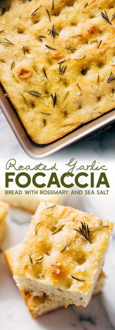 a close up of food on a plate with text above it that reads focaccia bread with rosemary and sea salt