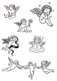 an image of angels and cherubs in black and white with red marker markers