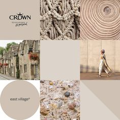 a collage of images with the words east village in white and brown, along with an image of a woman walking