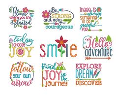 some colorful lettering that are on top of a white background with the words smile, love, joy and adventure