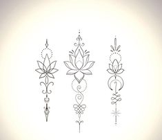 a line drawing of four different designs on a white background, each with a single flower in the middle