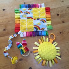 various craft supplies laid out on a wooden table