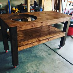 a workbench made out of wood in a garage