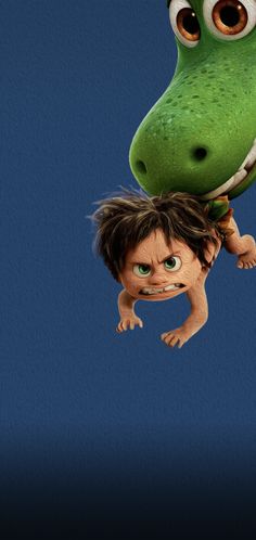 the good dinosaur is flying through the air with his head on another child's shoulders