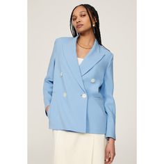 Blue crepe (62% Polyamide 32% Viscose 6% Elastane). Blazer. Long sleeves. Collar. Front button closure. 29" from shoulder to hemline. Made of imported materials, finished in the USA. Blue Blazer With Button Cuffs For Office, Chic Blue Blazer With Hidden Button Closure, Chic Blue Blazer With Button Cuffs, Spring Blue Double-breasted Blazer, Spring Double-breasted Career Blazer, Spring Double-breasted Blazer For Career, Spring Career Blazer With Double-breasted Button, Elegant Blue Button-up Blazer, Spring Structured Blazer With Button Cuffs