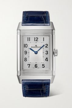 This beautiful timepiece from Jaeger-LeCoultre's 'Reverso Classic' family has one dial for day and a darker one for evening. The silvered gray dial has a vertical satin-brushed and guilloché finish with black transferred numerals, and the reverse has sunray hour markers and gadroons set with brilliant-cut diamonds. The strap is made from alligator in a rich, inky shade of blue. We offer an eight-year warranty for all working parts and manufacturing faults for Jaeger-LeCoultre watches. For more i Jlc Reverso, Rolex Shop, Jaeger Lecoultre Watches, Jaeger Lecoultre Reverso, Round Diamond Setting, Blackened Steel, Rose Gold Case, Jaeger Lecoultre, Fine Watches