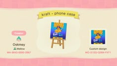 an animal crossing game screen showing the character's phone case and other items on display