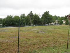 an empty field with trees and houses in the backgroung, behind which is a fenced off area