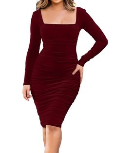 Square Neck Ruched Stretch Bodycon Dress, Fitted Midi Dress With Ruched Bodice For Fall, Flirty Ruched Square Neck Midi Dress, Fall Ruched Square Neck Mini Dress, Fall Ruched Bodycon Dress, Fall Mini Dress With Ruched Square Neck, Fall Mini Dress With Square Neck And Ruched Detail, Square Neck Ruched Midi Dress For Night Out, Square Neck Ruched Bodycon Dress For Date Night