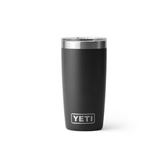 the yeti travel mug is shown in black and silver, with white lettering on it