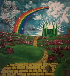 a painting of a castle with a rainbow in the sky and flowers on the ground