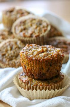 banana bread muffins stacked on top of each other with the text overlay