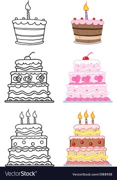 four different birthday cakes with candles on them