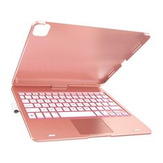 an open laptop computer sitting on top of a white surface with pink keyboard and mouse