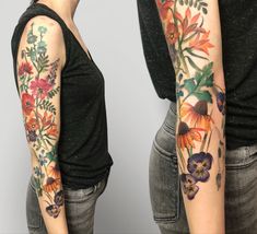 two women with colorful tattoos on their arms