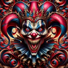 an artistic painting of a clown's face with red, white and blue colors