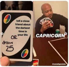 a man sitting at a table with cards in front of him and the caption reads tell a close friend about the darker time in your life