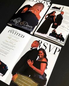 two brochures with pictures of people in formal wear and one has a black tie