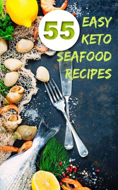 a variety of seafood and fresh lemons and herbs with text Low Carb Crab Cakes, Recipes For Fish, Keto Seafood Recipes, Baked Tilapia Recipes, Cajun Shrimp Recipes, Keto Seafood, Delicious Low Carb Recipes, Tilapia Recipes, Cod Recipes