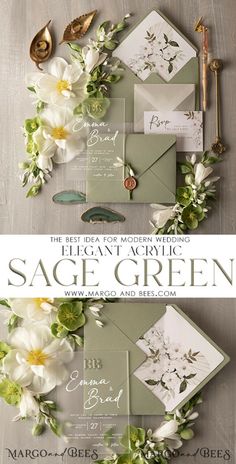 the wedding stationery is laid out on top of each other, with flowers and greenery