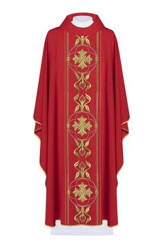 Richly embroidered chasuble - red (H161). The chasuble is made with high-quality fabric, decorated with embroidery with the Eucharistic symbol (front and back identical embroidery), made with gold threads, which depicts a rosette. In addition, the edges of the chasuble are finished with satin gold trim, which ideally matches the gold-embroidered rosette. Moreover, the chasuble is available in all liturgical colors. In addition, the advantages of our chasubles are: Collar finish: turtleneck type. Red Embroidered Chasuble For Church, Traditional Red Chasuble For Ceremonial Use, Priestly Garments, Liturgical Colours, Flower Arrangements Simple, Gold Threads, Gold Trim, Clothing Items, Poland