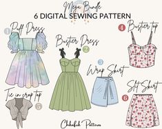 six different types of sewing patterns for women's tops and skirts, with text that says