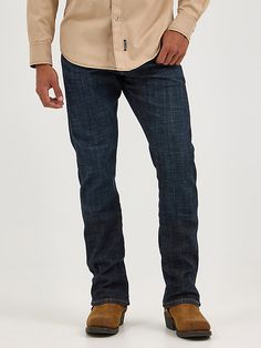 NOTHING BEATS AN ORIGINAL, BUT THIS MIGHT Since 1947, Wrangler® jeans have been a cowboy-approved wardrobe staple. Inspired by our Western heritage, these Wrangler® Retro® jeans combine our most iconic features with contemporary fits and washes. This updated classic features the same worn leather patch with our rope logo, 'W' stitching on the back pockets, and five-pocket styling. These men's slim bootcut jeans feature a streamlined silhouette through the seat, thigh, and knee, but the leg widen Wrangler Jeans Aesthetic Men, Mens Wrangler Dress Pants, Men Wrangler Jeans, Mens Western Black Jeans, Slim Bootcut Jeans, Men’s Wrangler Jeans, Retro Jeans, Bootcut Jean, Wrangler Jeans