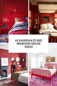 red bedroom decor with white bedding and pink rugs on the floor in different rooms