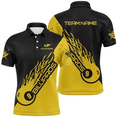 a black and yellow shirt with flames on it