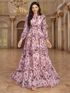 Pink Elegant Collar Long Sleeve Woven Fabric Floral,Plants,All Over Print A Line Embellished Non-Stretch  Women Clothing Dress For Women Party, Modest Floral Dress, Long Floral Maxi Dress, Clothing Business, Floral Print Dress Long, Rose Bonbon, Party Kleidung, Floral Dresses Long, Fabric Floral