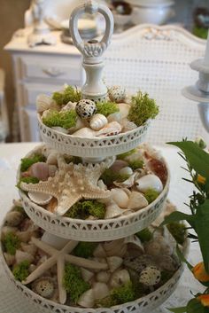 three tiered trays filled with shells and plants