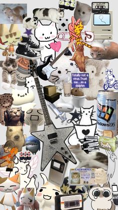 a collage of pictures with cats, dogs, and other things on them including a guitar